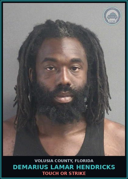 CCW arrest card for DEMARIUS LAMAR HENDRICKS in Volusia County: TOUCH OR STRIKE