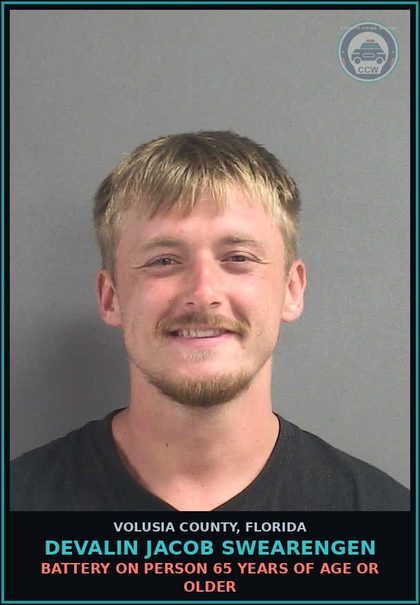 CCW arrest card for DEVALIN JACOB SWEARENGEN in Volusia County: BATTERY ON PERSON 65 YEARS OF AGE OR OLDER