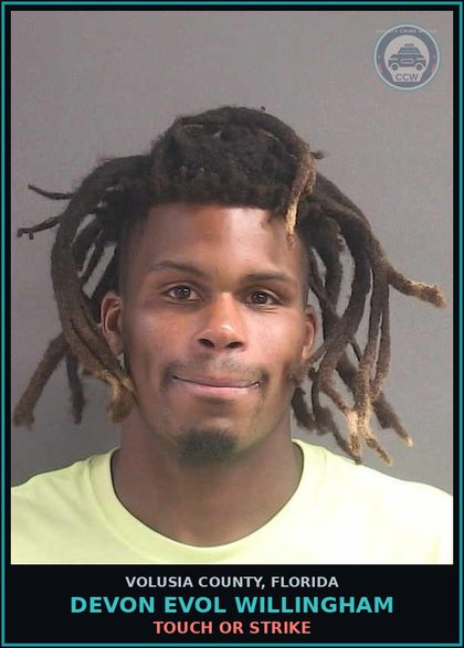 CCW arrest card for DEVON EVOL WILLINGHAM in Volusia County: TOUCH OR STRIKE