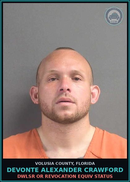 CCW arrest card for DEVONTE ALEXANDER CRAWFORD in Volusia County: DWLSR OR REVOCATION EQUIV STATUS
