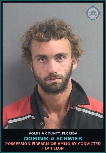 CCW arrest card for DOMINIK A SCHWIER in Volusia County: POSSESSION FIREARM OR AMMO BY CONVICTED FLA FELON