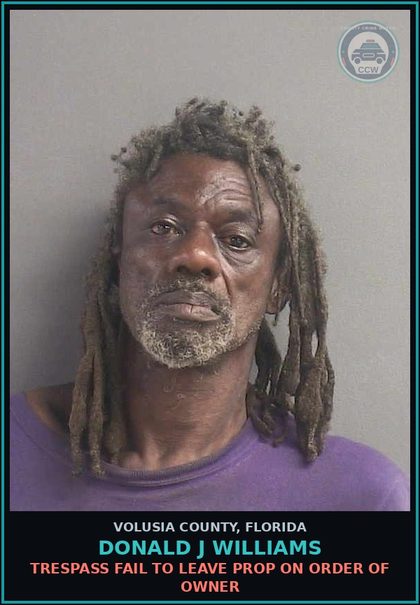CCW arrest card for DONALD J WILLIAMS in Volusia County: TRESPASS FAIL TO LEAVE PROP ON ORDER OF OWNER