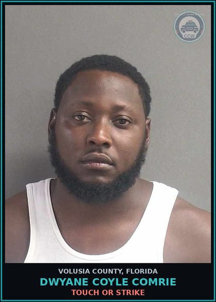 CCW arrest card for DWYANE COYLE COMRIE in Volusia County: TOUCH OR STRIKE