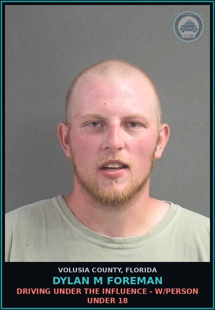 CCW arrest card for DYLAN M FOREMAN in Volusia County: DRIVING UNDER THE INFLUENCE - W/PERSON UNDER 18