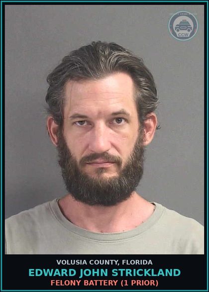 CCW arrest card for EDWARD JOHN STRICKLAND in Volusia County: FELONY BATTERY (1 PRIOR)
