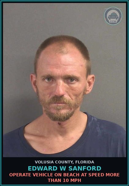 CCW arrest card for EDWARD W SANFORD in Volusia County: OPERATE VEHICLE ON BEACH AT SPEED MORE THAN 10 MPH