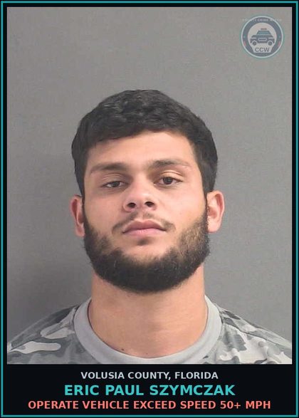CCW arrest card for ERIC PAUL SZYMCZAK in Volusia County: OPERATE VEHICLE EXCEED SPEED 50+ MPH