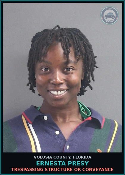 CCW arrest card for ERNESTA PRESY in Volusia County: TRESPASSING STRUCTURE OR CONVEYANCE