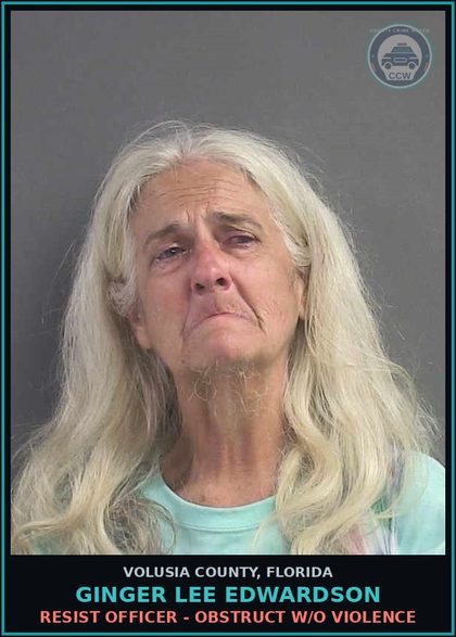 CCW arrest card for GINGER LEE EDWARDSON in Volusia County: RESIST OFFICER - OBSTRUCT W/O VIOLENCE