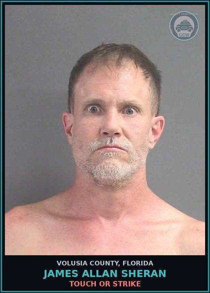 CCW arrest card for JAMES ALLAN SHERAN in Volusia County: TOUCH OR STRIKE