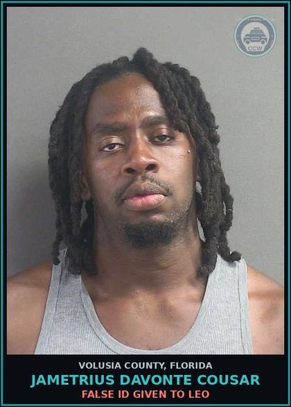 CCW arrest card for JAMETRIUS DAVONTE COUSAR in Volusia County: FALSE ID GIVEN TO LEO