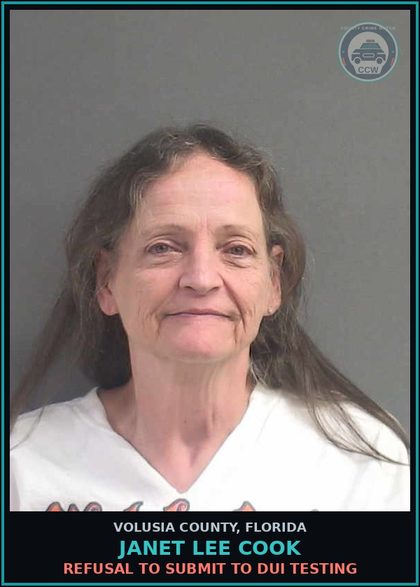 CCW arrest card for JANET LEE COOK in Volusia County: REFUSAL TO SUBMIT TO DUI TESTING