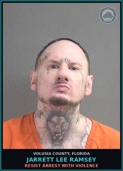 CCW arrest card for JARRETT LEE RAMSEY in Volusia County: RESIST ARREST WITH VIOLENCE