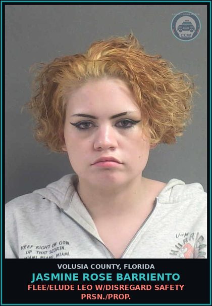 CCW arrest card for JASMINE ROSE BARRIENTO in Volusia County: FLEE/ELUDE LEO W/DISREGARD SAFETY PRSN./PROP.