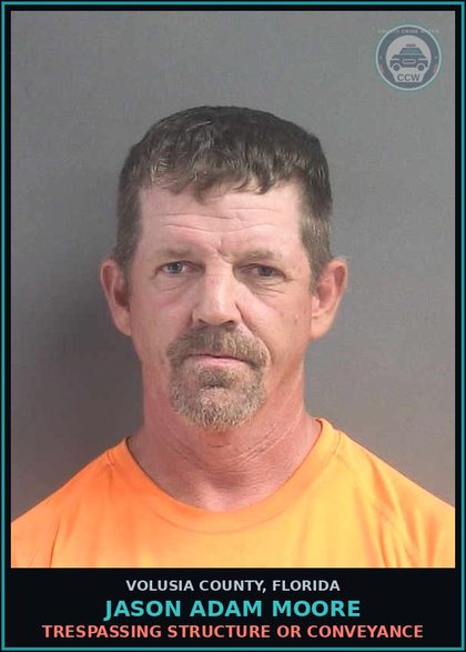 CCW arrest card for JASON ADAM MOORE in Volusia County: TRESPASSING STRUCTURE OR CONVEYANCE