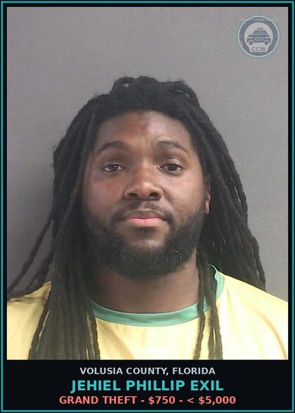 CCW arrest card for JEHIEL PHILLIP EXIL in Volusia County: GRAND THEFT - $750 - < $5,000