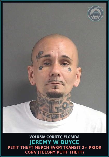 CCW arrest card for JEREMY W BUYCE in Volusia County: PETIT THEFT MERCH FARM TRANSIT 2+ PRIOR CONV (FELONY PETIT THEFT)