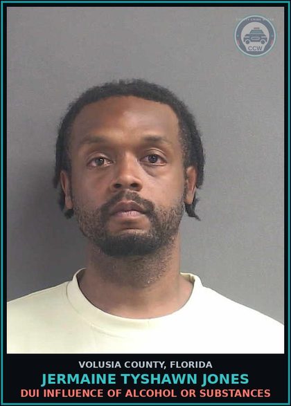 CCW arrest card for JERMAINE TYSHAWN JONES in Volusia County: DUI INFLUENCE OF ALCOHOL OR SUBSTANCES