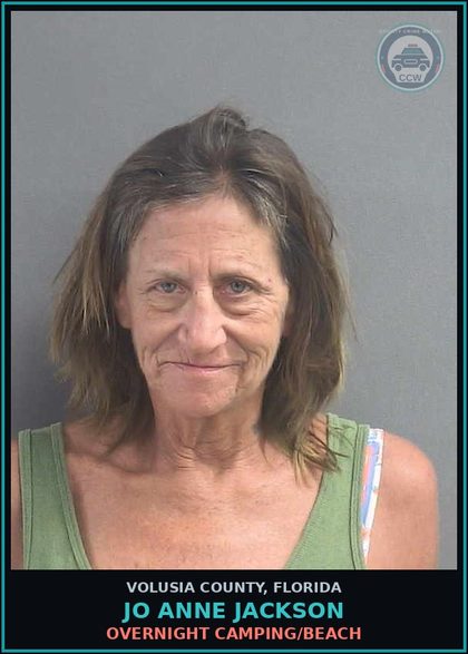 CCW arrest card for JO ANNE JACKSON in Volusia County: OVERNIGHT CAMPING/BEACH