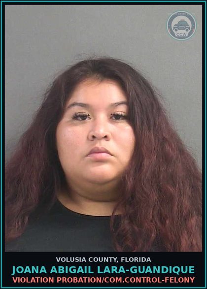 CCW arrest card for JOANA ABIGAIL LARA-GUANDIQUE in Volusia County: VIOLATION PROBATION/COM.CONTROL-FELONY
