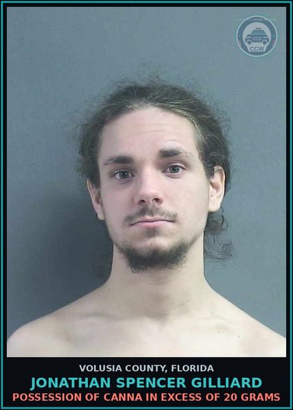 CCW arrest card for JONATHAN SPENCER GILLIARD in Volusia County: POSSESSION OF CANNA IN EXCESS OF 20 GRAMS