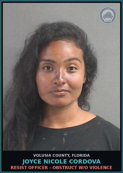 CCW arrest card for JOYCE NICOLE CORDOVA in Volusia County: RESIST OFFICER - OBSTRUCT W/O VIOLENCE