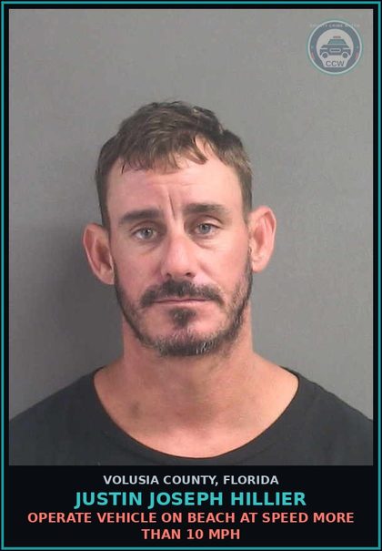 CCW arrest card for JUSTIN JOSEPH HILLIER in Volusia County: OPERATE VEHICLE ON BEACH AT SPEED MORE THAN 10 MPH