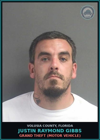 CCW arrest card for JUSTIN RAYMOND GIBBS in Volusia County: GRAND THEFT (MOTOR VEHICLE)