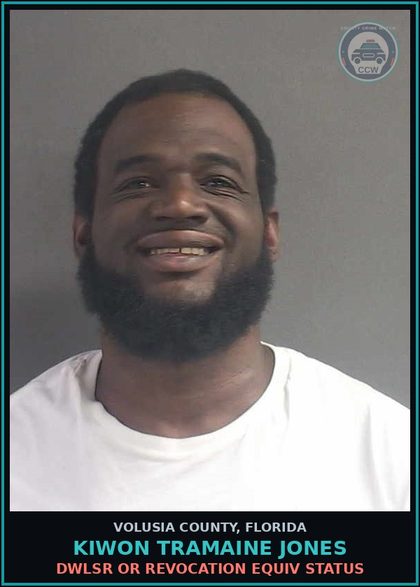 CCW arrest card for KIWON TRAMAINE JONES in Volusia County: DWLSR OR REVOCATION EQUIV STATUS