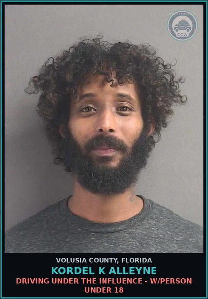 CCW arrest card for KORDEL K ALLEYNE in Volusia County: DRIVING UNDER THE INFLUENCE - W/PERSON UNDER 18