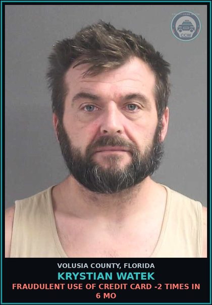 CCW arrest card for KRYSTIAN WATEK in Volusia County: FRAUDULENT USE OF CREDIT CARD -2 TIMES IN 6 MO