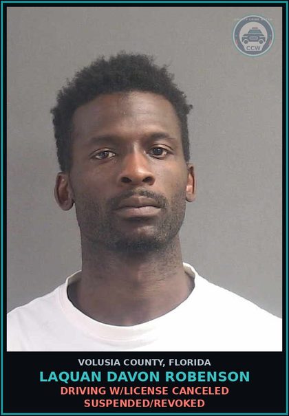 CCW arrest card for LAQUAN DAVON ROBENSON in Volusia County: DRIVING W/LICENSE CANCELED SUSPENDED/REVOKED