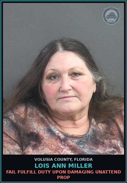 CCW arrest card for LOIS ANN MILLER in Volusia County: FAIL FULFILL DUTY UPON DAMAGING UNATTEND PROP