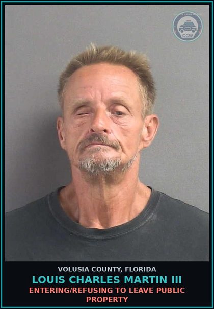 CCW arrest card for LOUIS CHARLES MARTIN III in Volusia County: ENTERING/REFUSING TO LEAVE PUBLIC PROPERTY