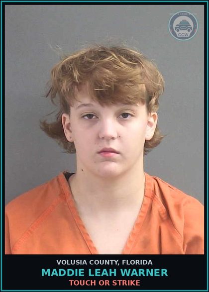 CCW arrest card for MADDIE LEAH WARNER in Volusia County: TOUCH OR STRIKE