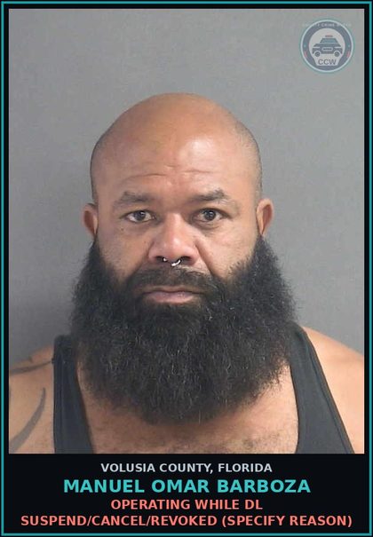 CCW arrest card for MANUEL OMAR BARBOZA in Volusia County: OPERATING WHILE DL SUSPEND/CANCEL/REVOKED (SPECIFY REASON)