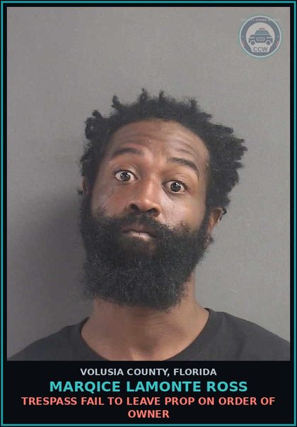 CCW arrest card for MARQICE LAMONTE ROSS in Volusia County: TRESPASS FAIL TO LEAVE PROP ON ORDER OF OWNER