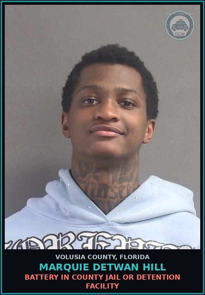 CCW arrest card for MARQUIE DETWAN HILL in Volusia County: BATTERY IN COUNTY JAIL OR DETENTION FACILITY