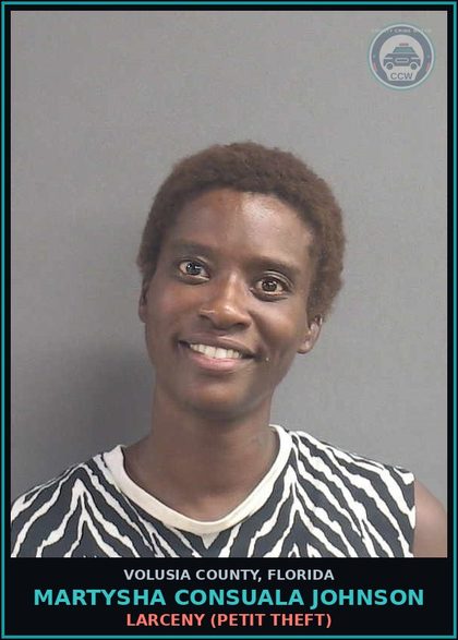 CCW arrest card for MARTYSHA CONSUALA JOHNSON in Volusia County: LARCENY (PETIT THEFT)
