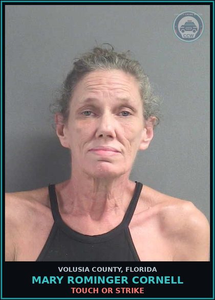 CCW arrest card for MARY ROMINGER CORNELL in Volusia County: TOUCH OR STRIKE