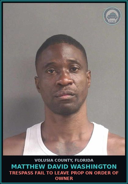 CCW arrest card for MATTHEW DAVID WASHINGTON in Volusia County: TRESPASS FAIL TO LEAVE PROP ON ORDER OF OWNER