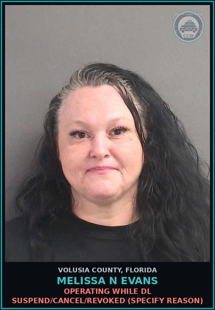 CCW arrest card for MELISSA N EVANS in Volusia County: OPERATING WHILE DL SUSPEND/CANCEL/REVOKED (SPECIFY REASON)
