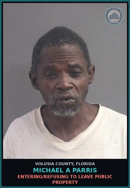 CCW arrest card for MICHAEL A PARRIS in Volusia County: ENTERING/REFUSING TO LEAVE PUBLIC PROPERTY