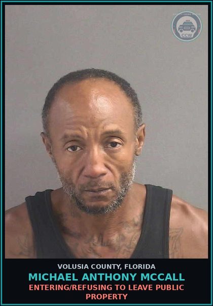 CCW arrest card for MICHAEL ANTHONY MCCALL in Volusia County: ENTERING/REFUSING TO LEAVE PUBLIC PROPERTY