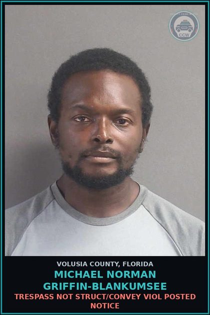 CCW arrest card for MICHAEL NORMAN GRIFFIN-BLANKUMSEE in Volusia County: TRESPASS NOT STRUCT/CONVEY VIOL POSTED NOTICE