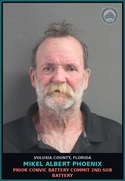 CCW arrest card for MIKEL ALBERT PHOENIX in Volusia County: OPERATING WHILE DL SUSPEND/CANCEL/REVOKED (SPECIFY REASON)