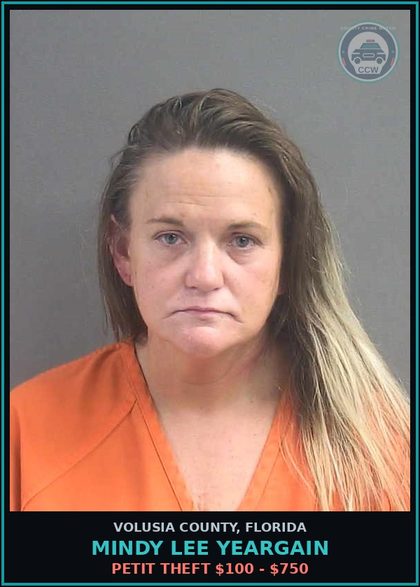 CCW arrest card for MINDY LEE YEARGAIN in Volusia County: PETIT THEFT $100 - $750