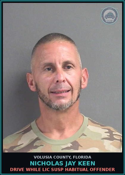 CCW arrest card for NICHOLAS JAY KEEN in Volusia County: DRIVE WHILE LIC SUSP HABITUAL OFFENDER