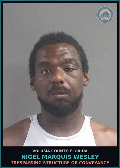 CCW arrest card for NIGEL MARQUIS WESLEY in Volusia County: TRESPASSING STRUCTURE OR CONVEYANCE