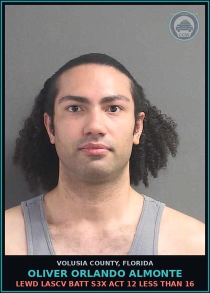 CCW arrest card for OLIVER ORLANDO ALMONTE in Volusia County: LEWD LASCV BATT S3X ACT 12 LESS THAN 16